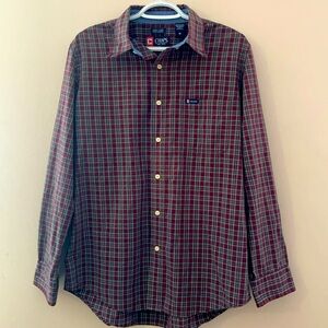 Chaps - Easy Care Plaid Burgundy W/ Green Stripes Button Down Shirt - Medium